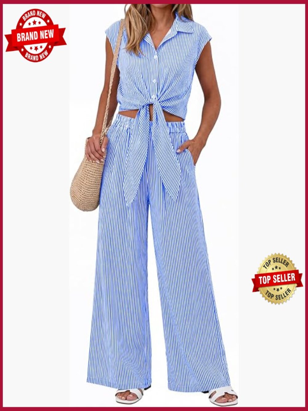 2 Piece Set: Button Down Crop Top & Wide Leg Pants Lounge Set